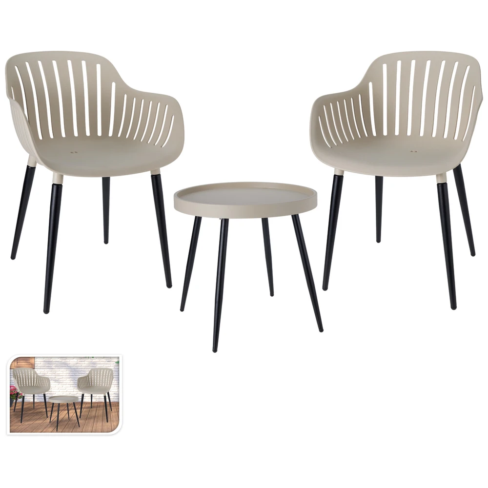 Tuinset 3Dlg 2 Stoelen EN 1 Bijzet Tafel Beige Grs PP EN Staal KD EN-581
