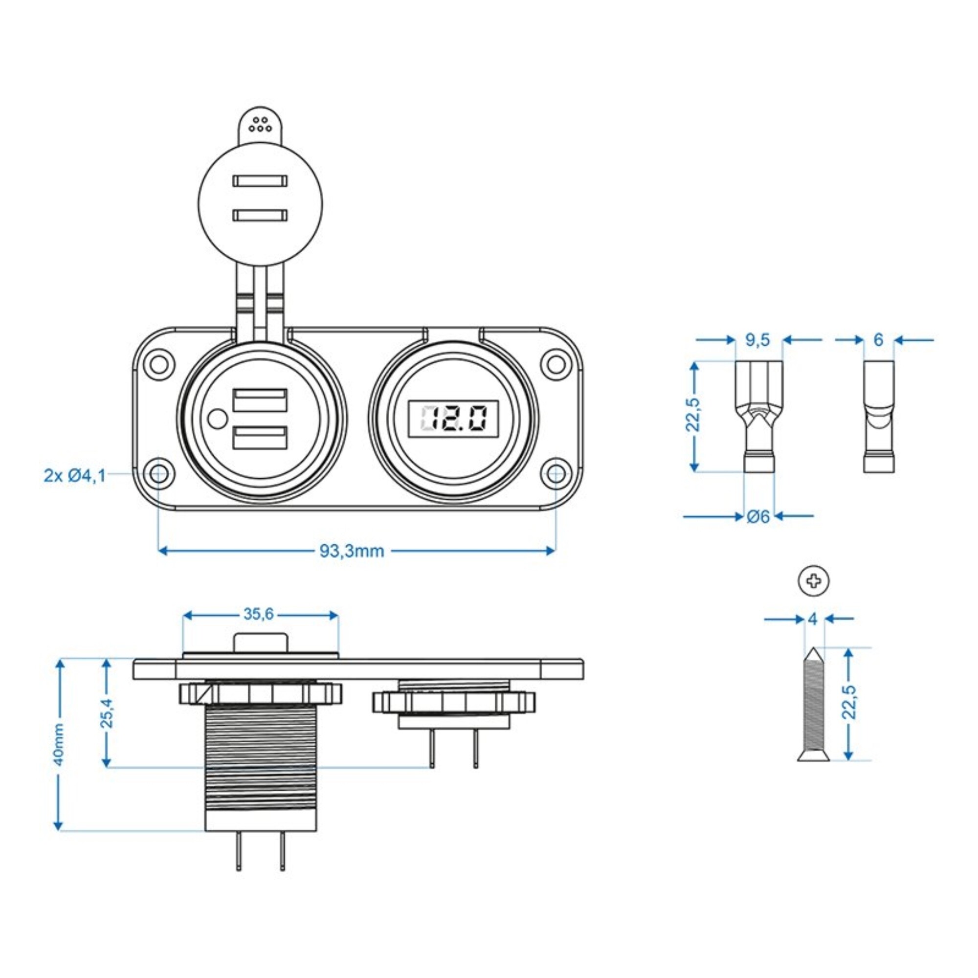 ProPlus Inbouw Kit: Voltmeter 6-30V + Usb Poort Dubbel 2X2100mA 