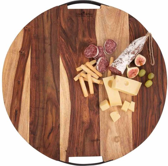 Pure Rose Wood, Serveerplank Rond 49 Cm, 2 Metalen Handvatten