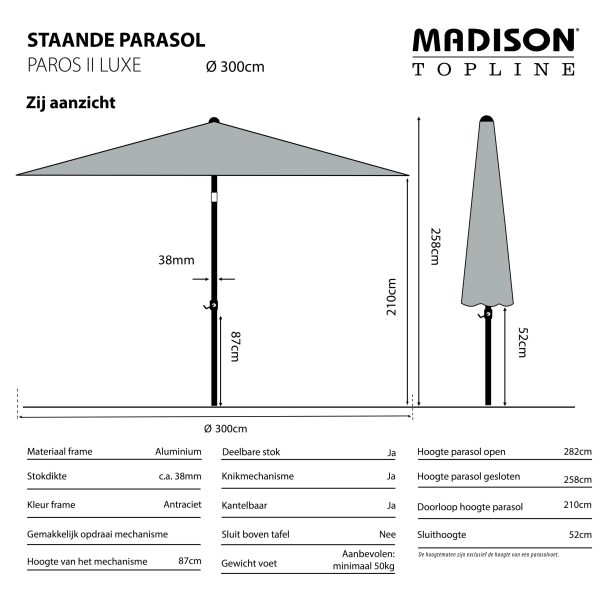 Madison Parasol Paros Ii 300 Cm Polyester Grey Grade 6