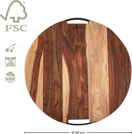 Pure Rose Wood, Serveerplank Rond 49 Cm, 2 Metalen Handvatten