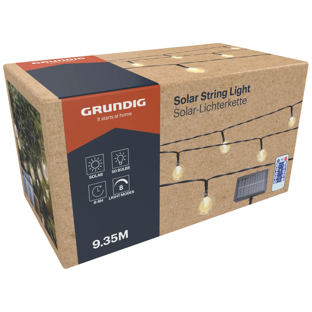 Grundig Solar Lichtsnoer 50 Lampjes 9,35 M Warm Wit 8 Modi