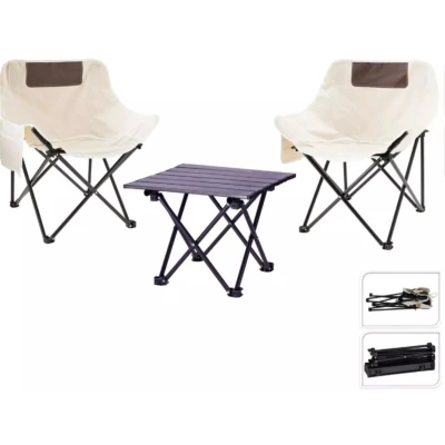 Campingset 3Dlg Metaal Tafel Opvouwbaar Zwart EN 2 Stoelen Creme