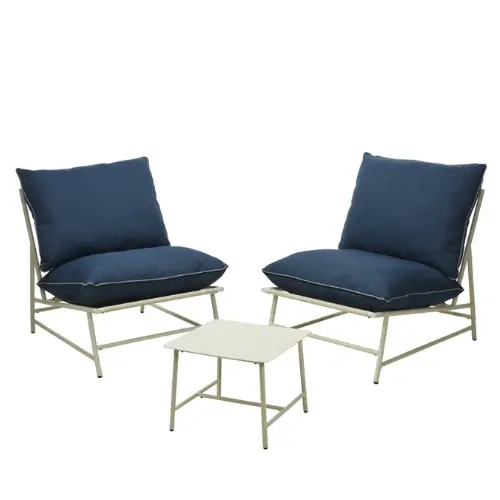 Tuinmeubelset Staal En Textilene 3-Delig Met Blauwe Kussens