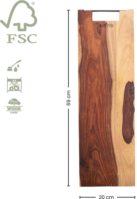 Pure Rose Wood Serveerplank 69 Cm Met Metalen Handvat
