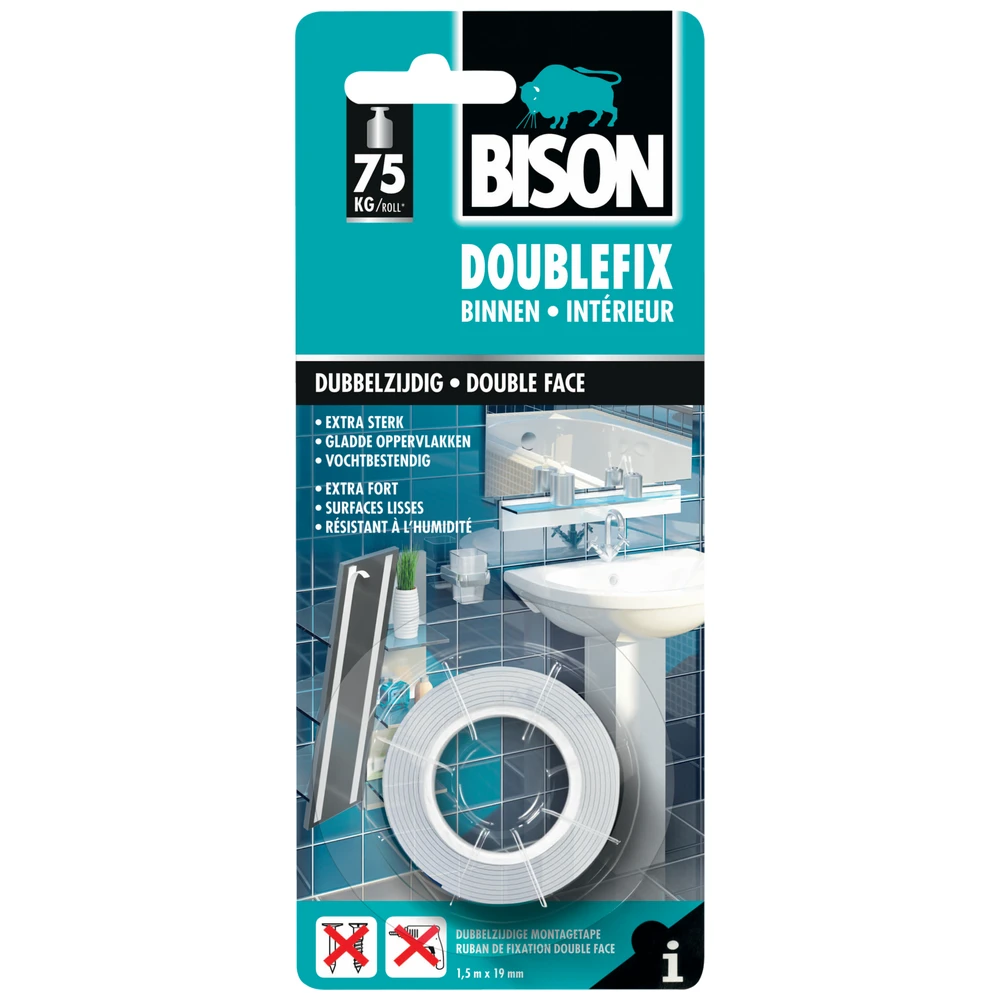 Bison Doublefix Binnen Rol 1,5 M X 19 Mm Wit Kaart